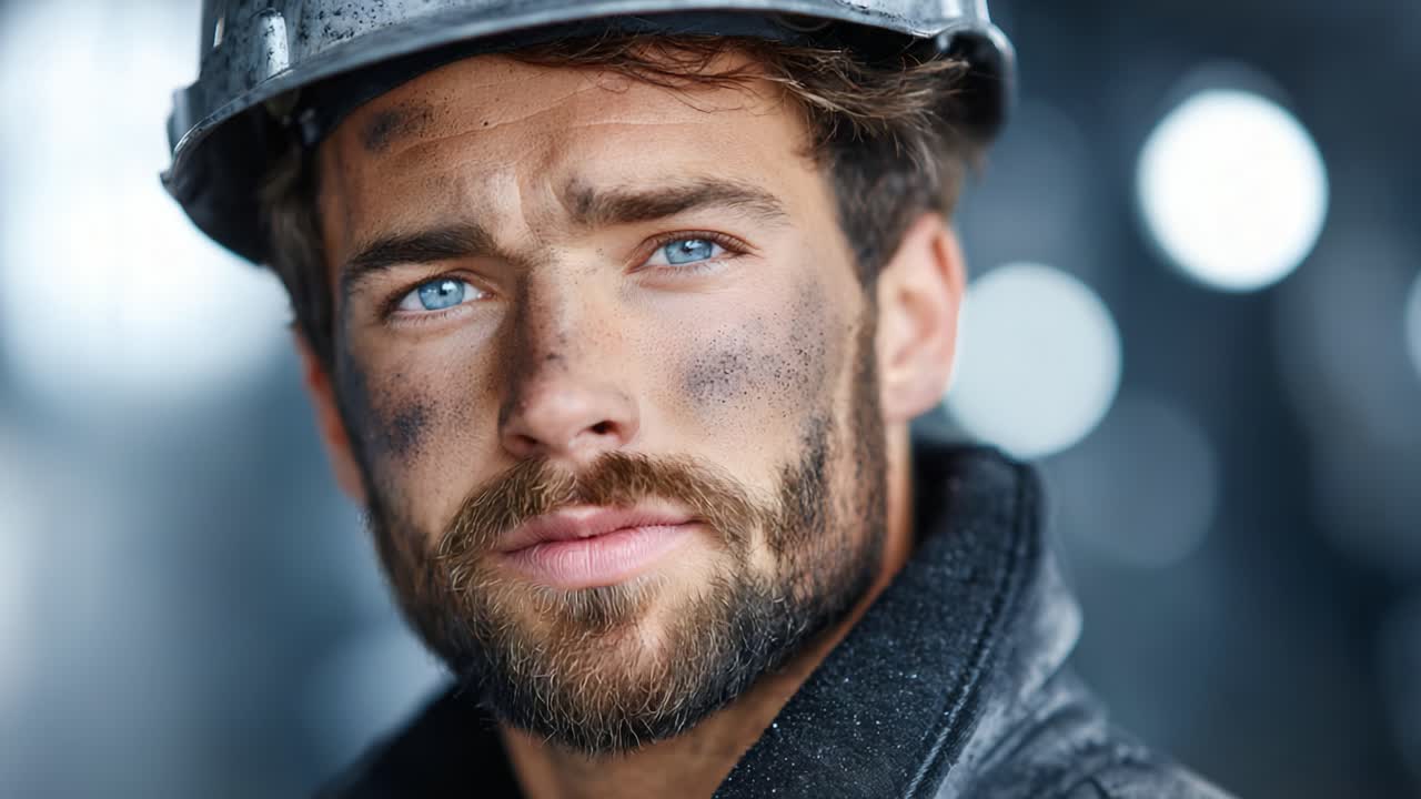 Close-Up Portrait of a Confident Construction Worker with Striking Blue Eyes and Expressions Reflecting Dedication and Hard Work Amidst a Construction Environment