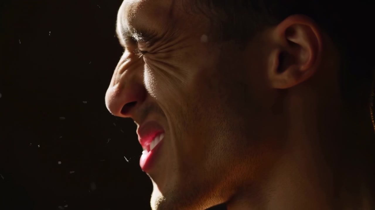 Eye-level profile close-up of young man in brief reflex with eyes tightly closed, nose wrinkled, mouth open, visible droplets suspended near mouth, moody low-key lighting, dark background