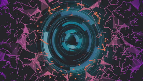 rotating circular interface with geometric shapes and particles, futuristic animation