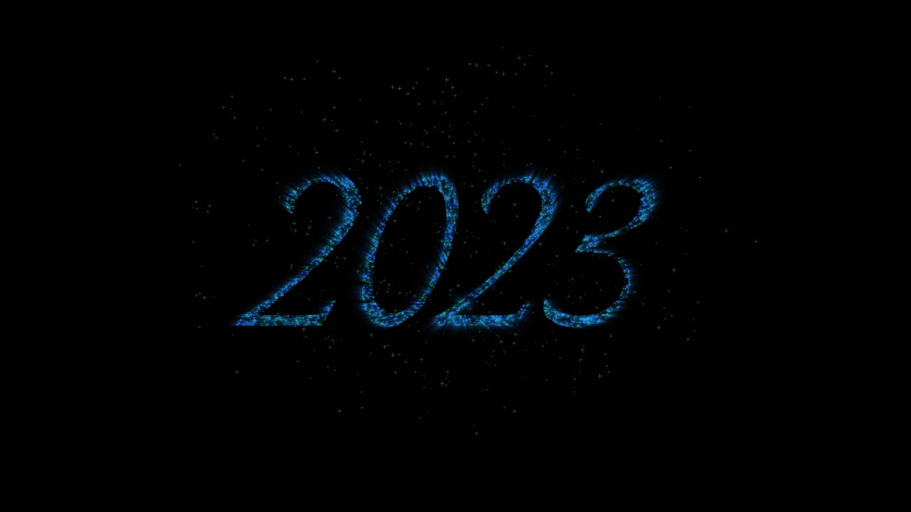 Animazione del testo 2023 in blu con fuochi d'artificio di Capodanno blu e bianchi che esplodono nel cielo notturno.