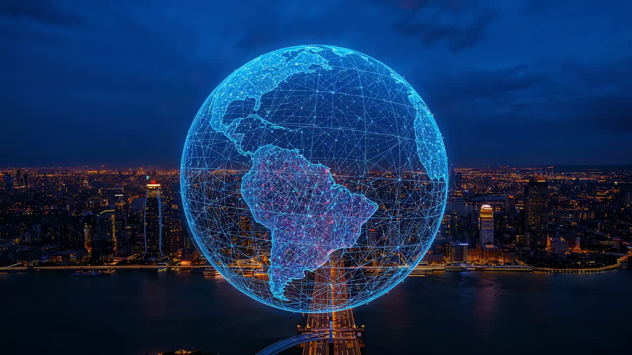 Appearing after bridge lights activate holo globe rotating above river at night, showing network