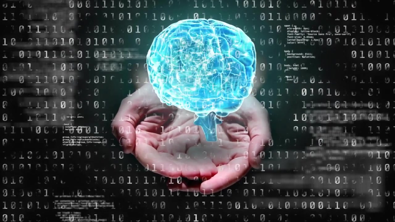 Mãos Humanas Segurando Modelo de Cérebro Digital Brilhante Sobre Fundo de Código Binário