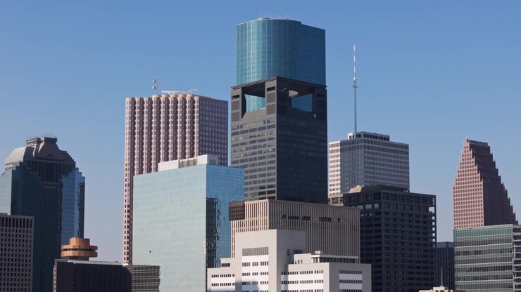 Edifici del quartiere dello skyline del centro di Houston, Texas, ripresa con drone