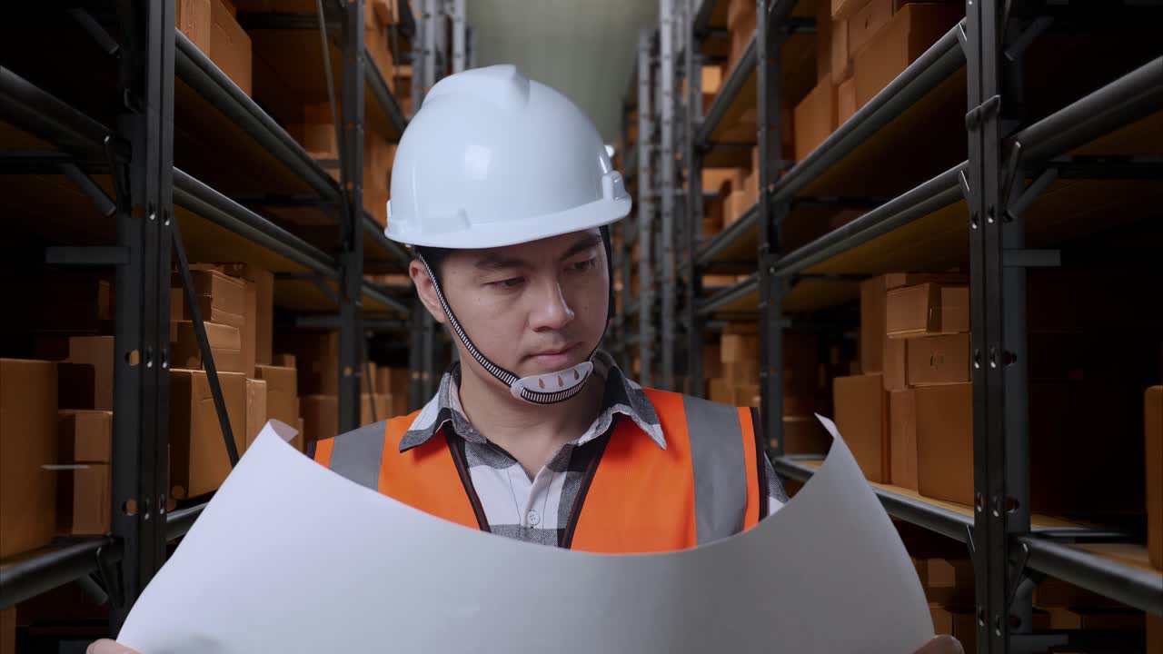 안전 헬을 입은 아시아 남성 엔지니어가 손에 블루프린트를 들고 배달품으로 가득 찬 선반으로 창고에 서있는 동안 주변을 둘러보고 있습니다.