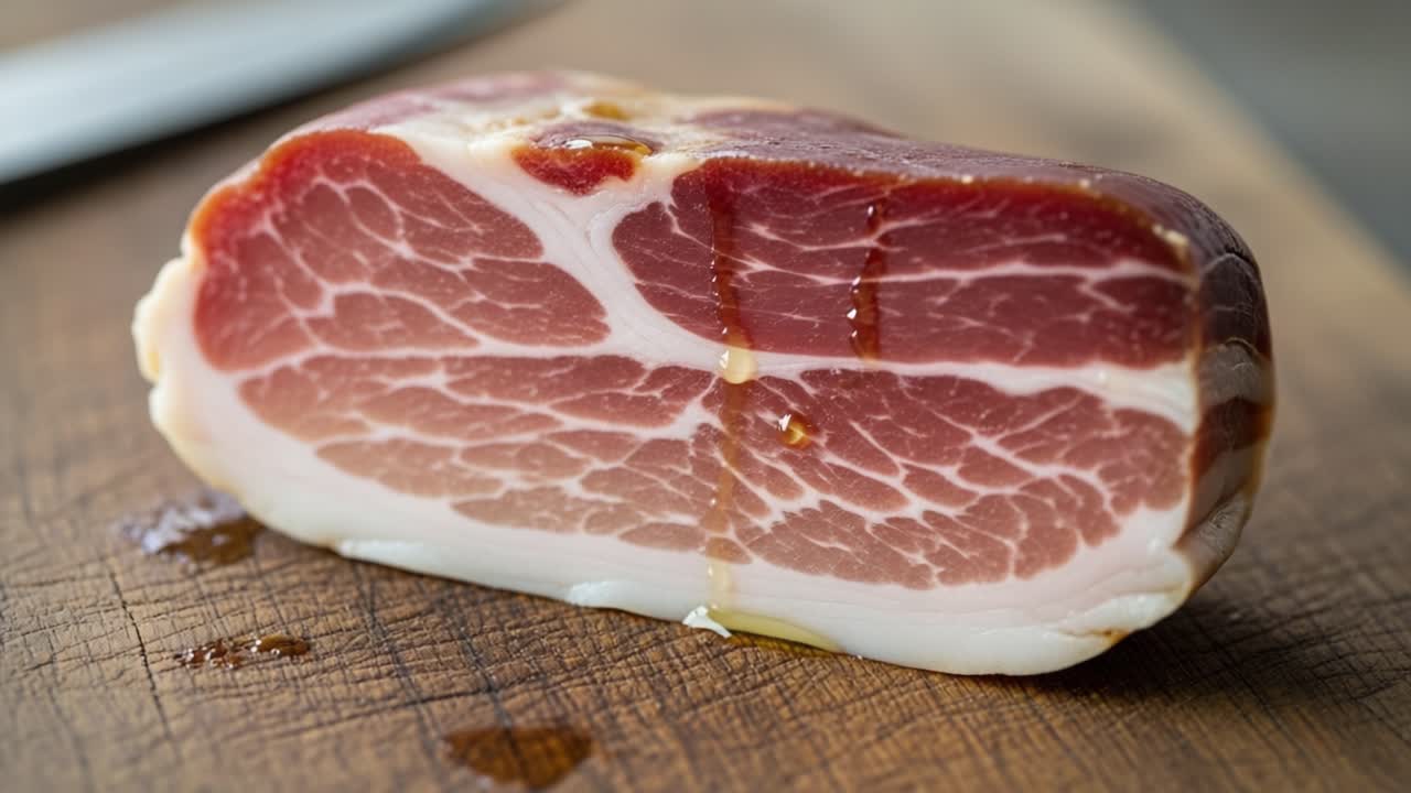 Close-Up of Sliced Cured Meat on a Wooden Cutting Board with Natural Juices, Showcasing the Rich Color and Texture of High-Quality Charcuterie