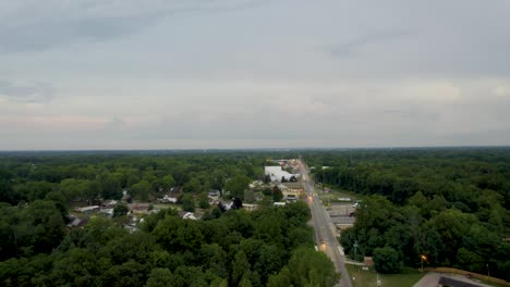 aerial view of a suburban road stretching through a tree-lined neighborhood at dusk