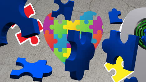 animations of falling colorful puzzle pieces over grey background