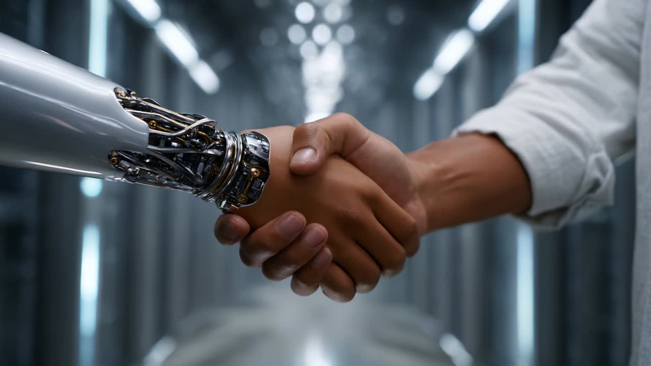 An Engaging Interaction Between Human and Robot: A Symbolic Handshake Demonstrating the Novel Collaboration of Biomechanics and Technology in a Futuristic Environment, Signifying Hope and Unity