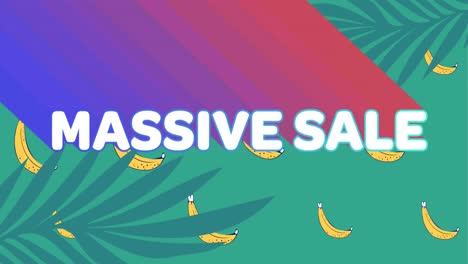 Animation-of-retro-massive-sale-white-text-with-rainbow-shadow-over-bananas-and-leaves