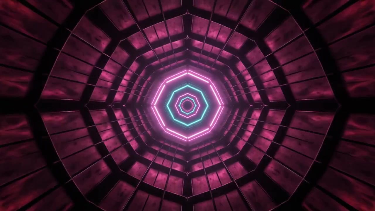 Futuristic Neon Tunnel with Pulsing Pink and Cyan Geometric Lights