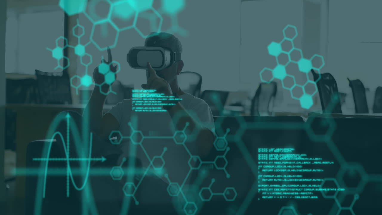 사무실에서 vr 헤드 ⁇ 을 착용하는 백인 남성에 대한 과학적 데이터의 애니메이션