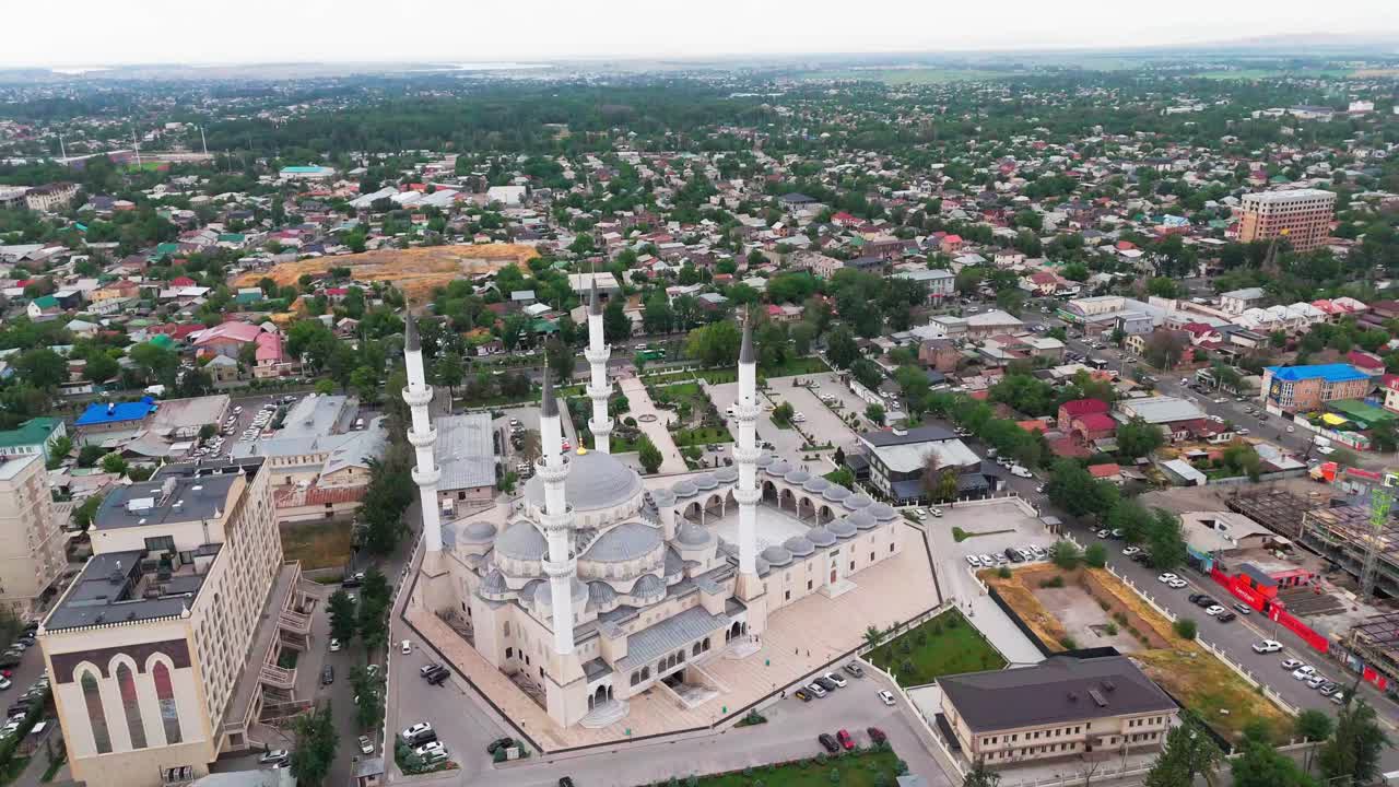 Aerial Establishing Shot of Central Mosque of Imam Sarakhsi in Bishkek, Kyrgyzstan