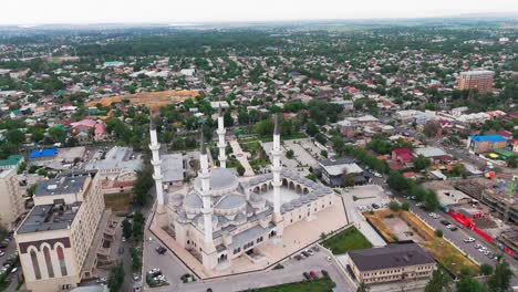 aerial establishing shot of central mosque of imam sarakhsi in bishkek, kyrgyzstan