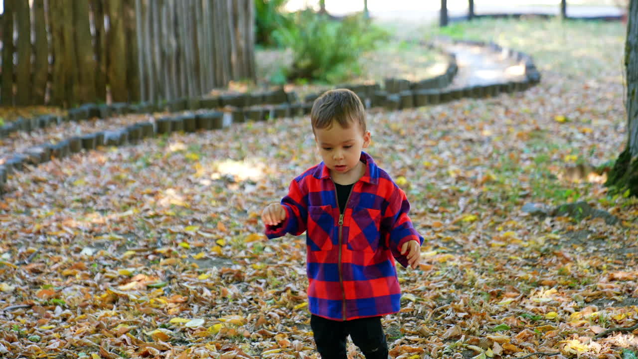 Lovely energetic baby boy in checkered shirt runs by the autumn park. Active time during the walk.