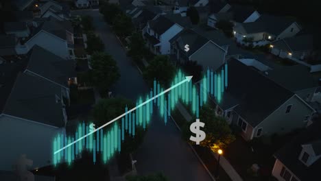 american neighborhood with rising candlestick chart animation