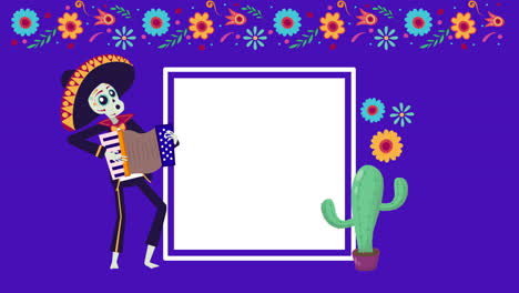 animación viva mexico con cráneo mariachi tocando el acordeón