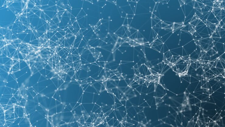 Forme astratte in movimento composte da sfere e linee rette che si muovono nello spazio con un movimento casuale delle forme lateralmente su uno sfondo blu