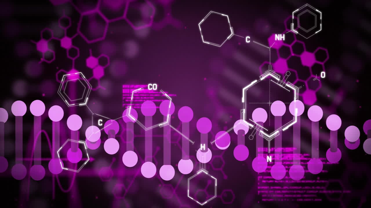 화학적 구조와 분자 결합, 보라색 배경의 애니메이션