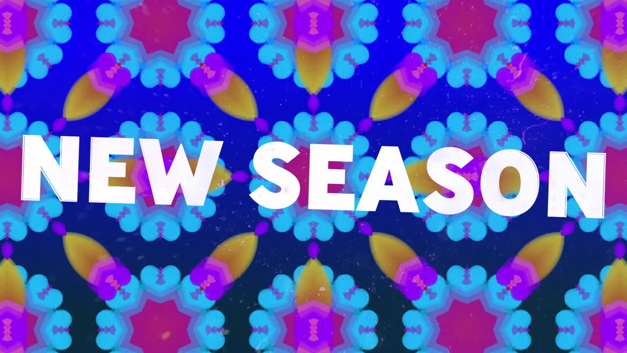 ⁇ 색 텍스트를 분홍색과 파란색 칼레이도스코프 패턴 위에 왜곡하는 새로운 시즌의 애니메이션