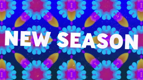 animación de la nueva temporada en la distorsión del texto blanco sobre el patrón caleidoscópico rosa y azul