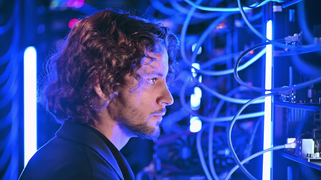 Man analysing servers in a data center