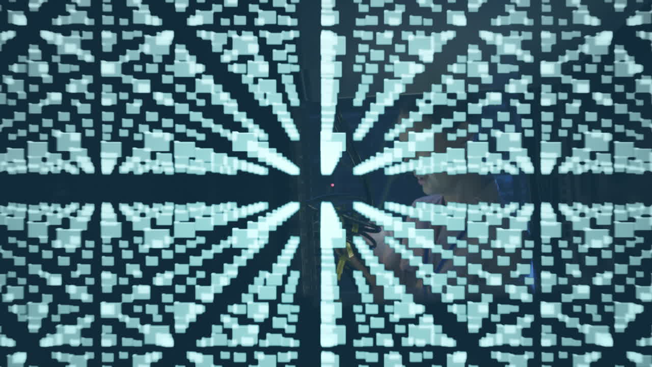 Animation of data over caucasian female if technician using tablet by computer server