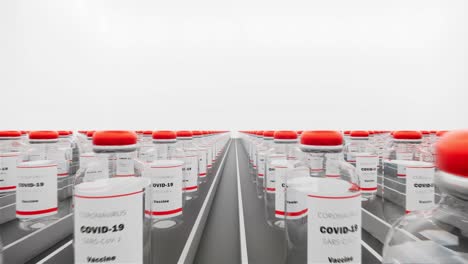 las botellas de vacuna en la línea de producción. la vacuna contra el coronavirus ha sido certificada y está lista para la inyección. muchas familias están esperando ser vacunadas contra la covid-19 y el sars, animación de renderización de bucle 3d.