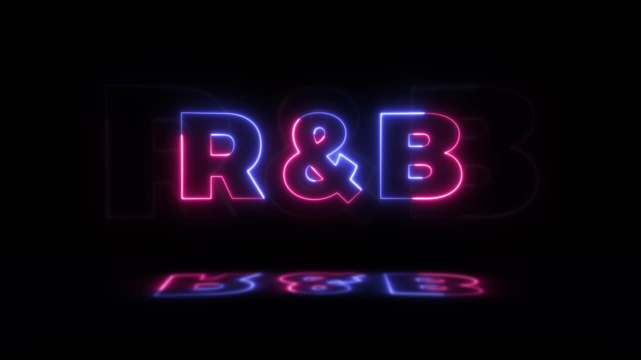 Neon glowing word 'R and B' on a black background with reflections on a floor. Neon glow signs in seamless loop motion graphic