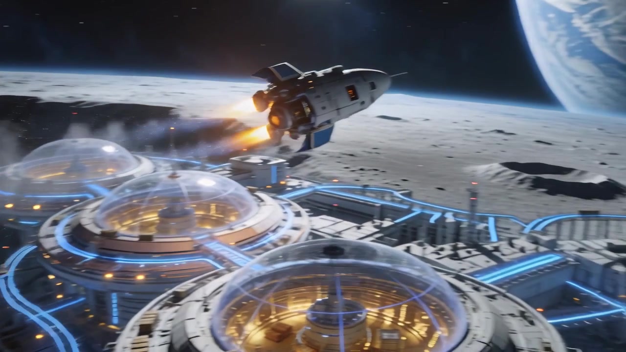 Descending rocket firing thruster, passing lunar base domes and climbing toward planet, copy space