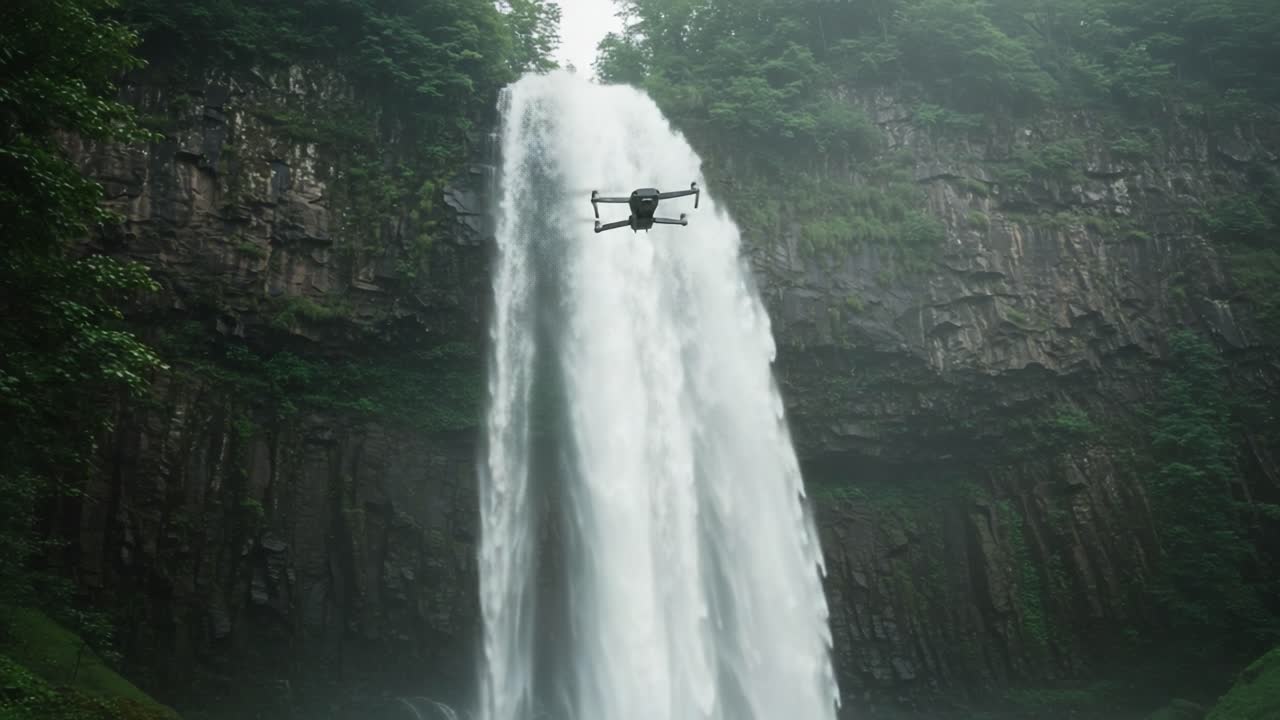 A breathtaking waterfall cascades down a rocky cliff, while a drone expertly hovers above the rushing water, capturing stunning aerial views of the natural beauty below