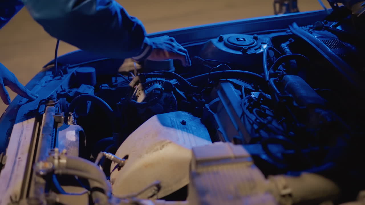 coche con el capó abierto en una carretera de noche, un mecánico usa herramientas para comprobar los terminales bajo una luz azul fría; manos firmes realizan una solución de problemas sistemática, estacionado al borde de la carretera, capó levantado, primer plano de los detalles del motor