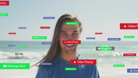 persona sonriente en la playa con notificaciones de las redes sociales apareciendo animación