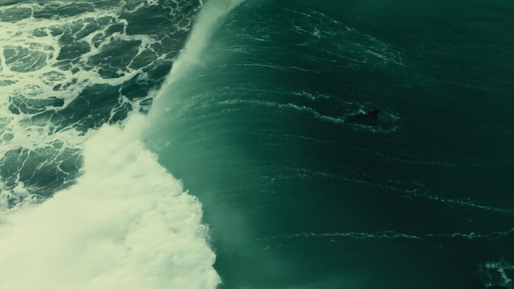 Aerial View of Surfer Riding a Massive Ocean Wave