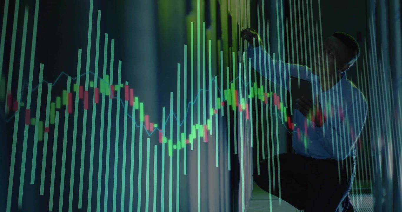 Finansanalytiker knæler ved gennemsigtigt panel, tegner linje mens pulserende søjler bekræfter analysen