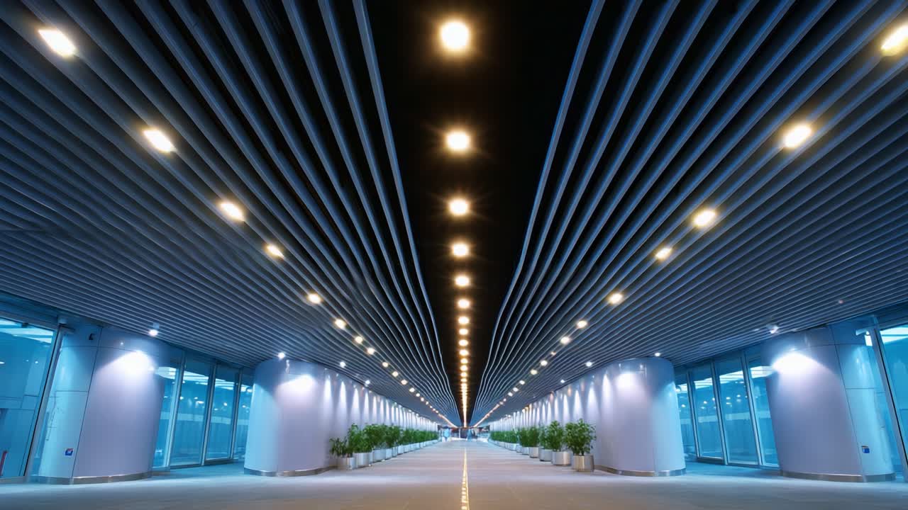 A Captivating Architectural View of a Modern Indoor Corridor with Symmetrical Light Fixtures and Clean Lines Creating a Welcoming Atmosphere, Showcasing Innovative Design Elements and Functionality