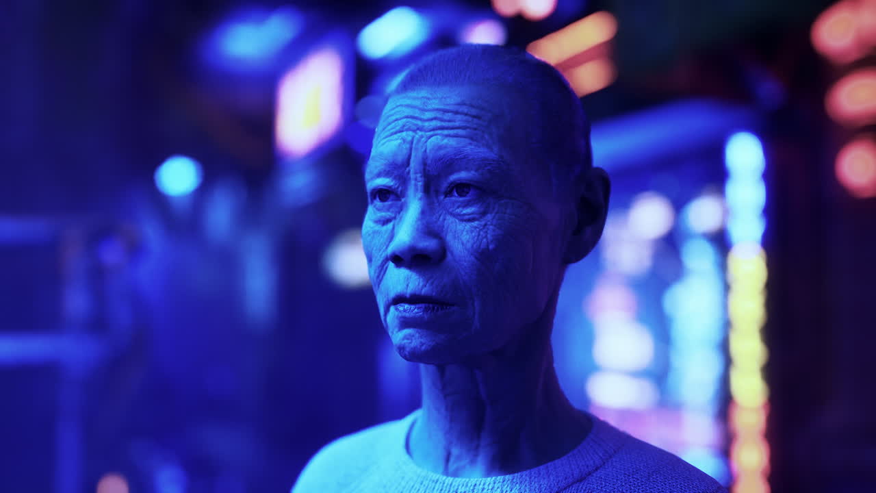 retrato de cerca de un anciano asiático en una ciudad por la noche