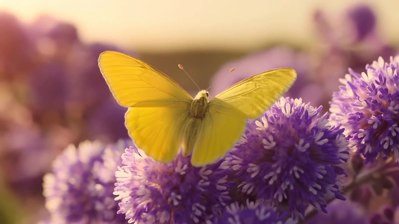 Una farfalla gialla si posa su fiori viola in primo piano, con un tramonto dorato e soffuso e uno sfondo floreale sfocato che creano una scena naturale e calma.