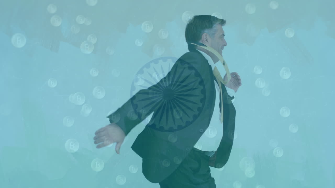 비트코인의 애니메이션: 백인 사업가 달리는