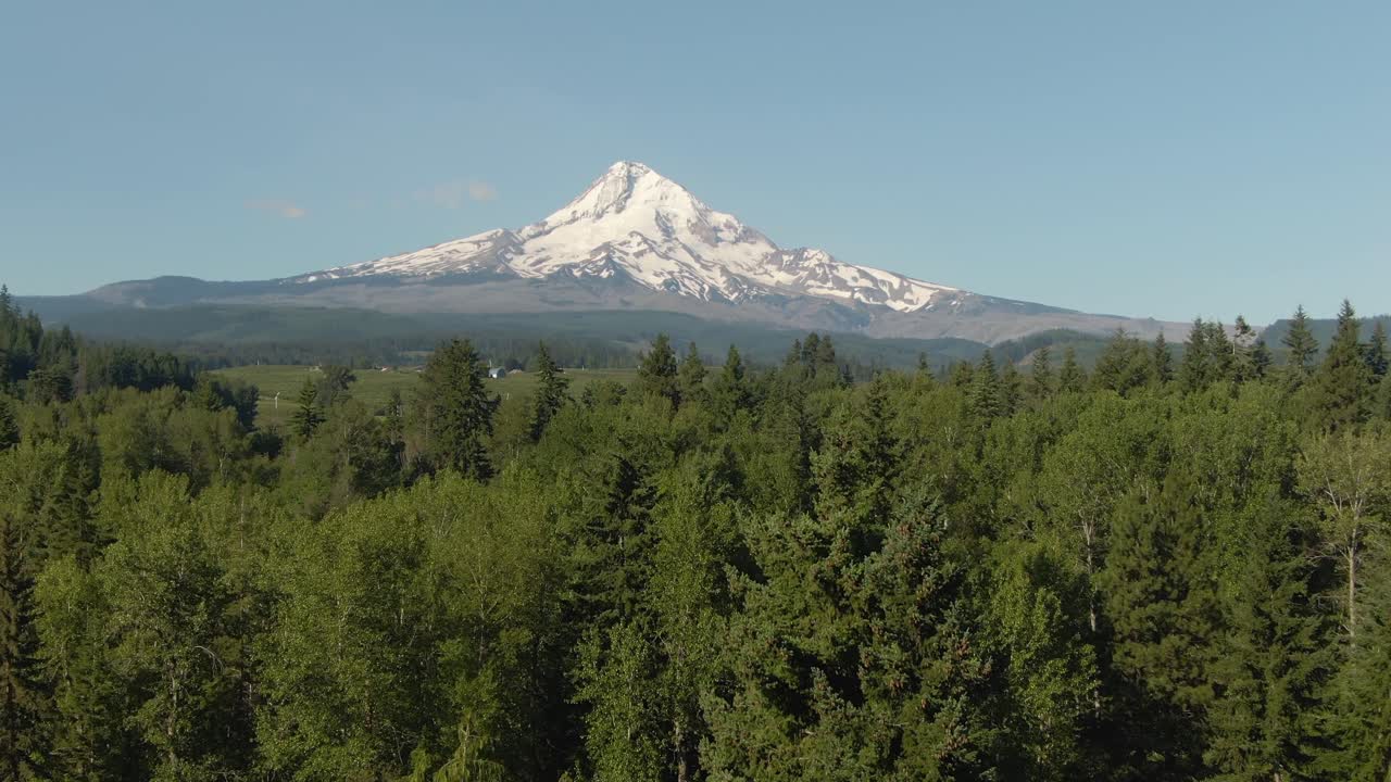 Aerial View of American Landscape and Green Farm Fields with Mount Hood in the background