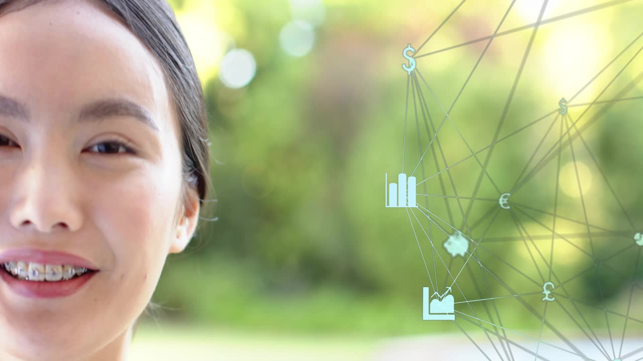 Woman smiling revealing braces and sparking finance overlay with $€£ nodes, charts showing growth