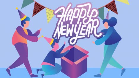 Animation-of-happy-new-year-greetings-text-over-party-people-on-blue-background