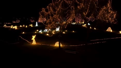 aerial footage panning to the left reveals a park turned into a enchanting winter wonderland, adorned with countless sparkling christmas lights
