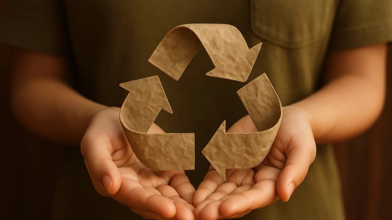 Close-up video still of hands holding a 3D recycling symbol. Warm lighting and soft focus emphasize