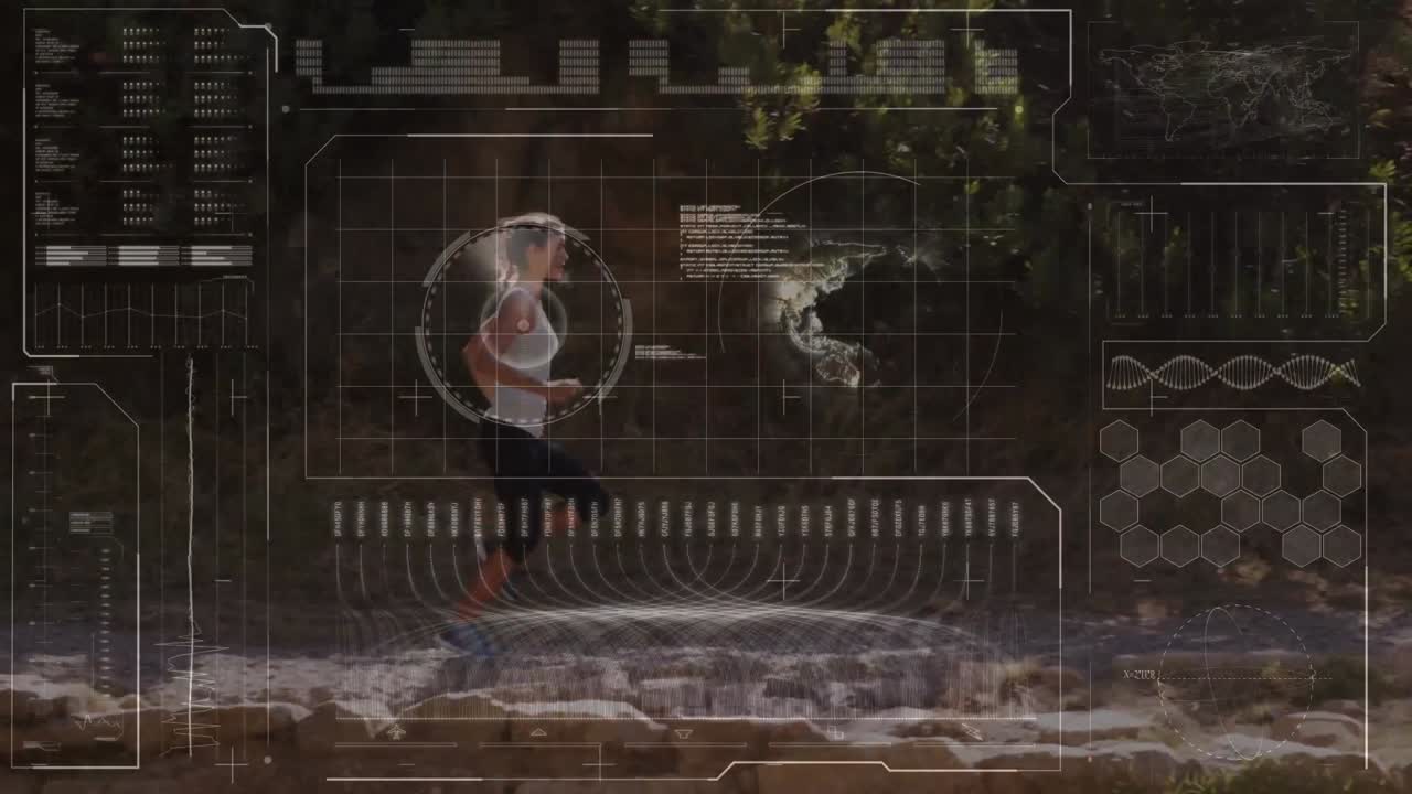 Animation of digital screen and data processing over fit woman running