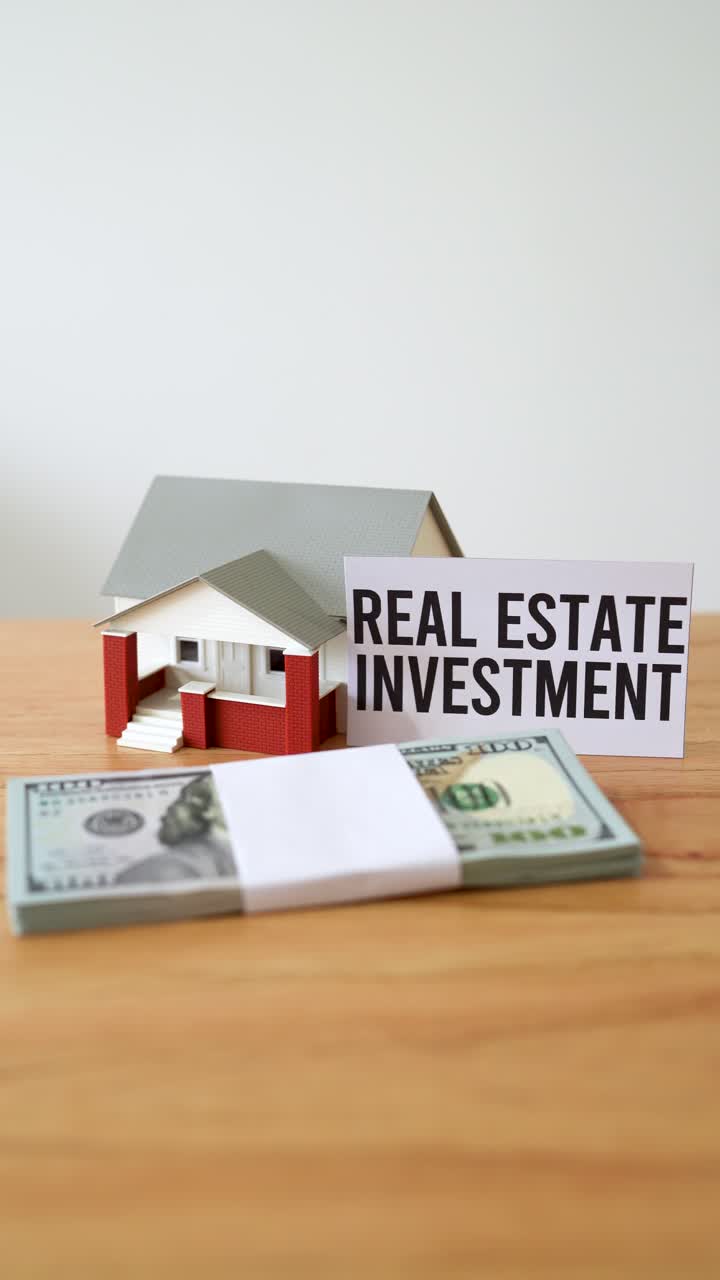 Concept of investing money in real estate. Vertical zoom out shot.