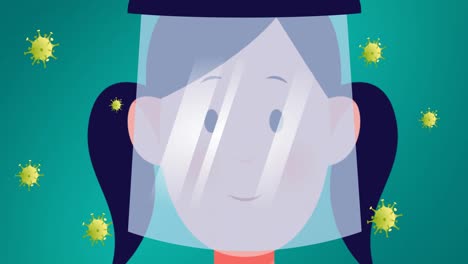 animación de una niña que usa una visera sobre las células del virus covid 19 en un fondo verde
