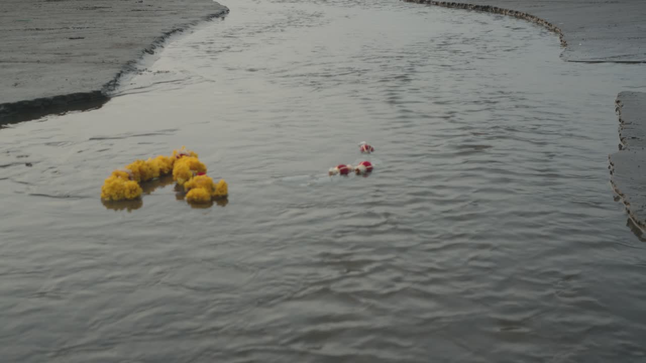 A marigold garland and small red objects float in shallow flowing water on a sandy beach. The scene is calm and symbolic
