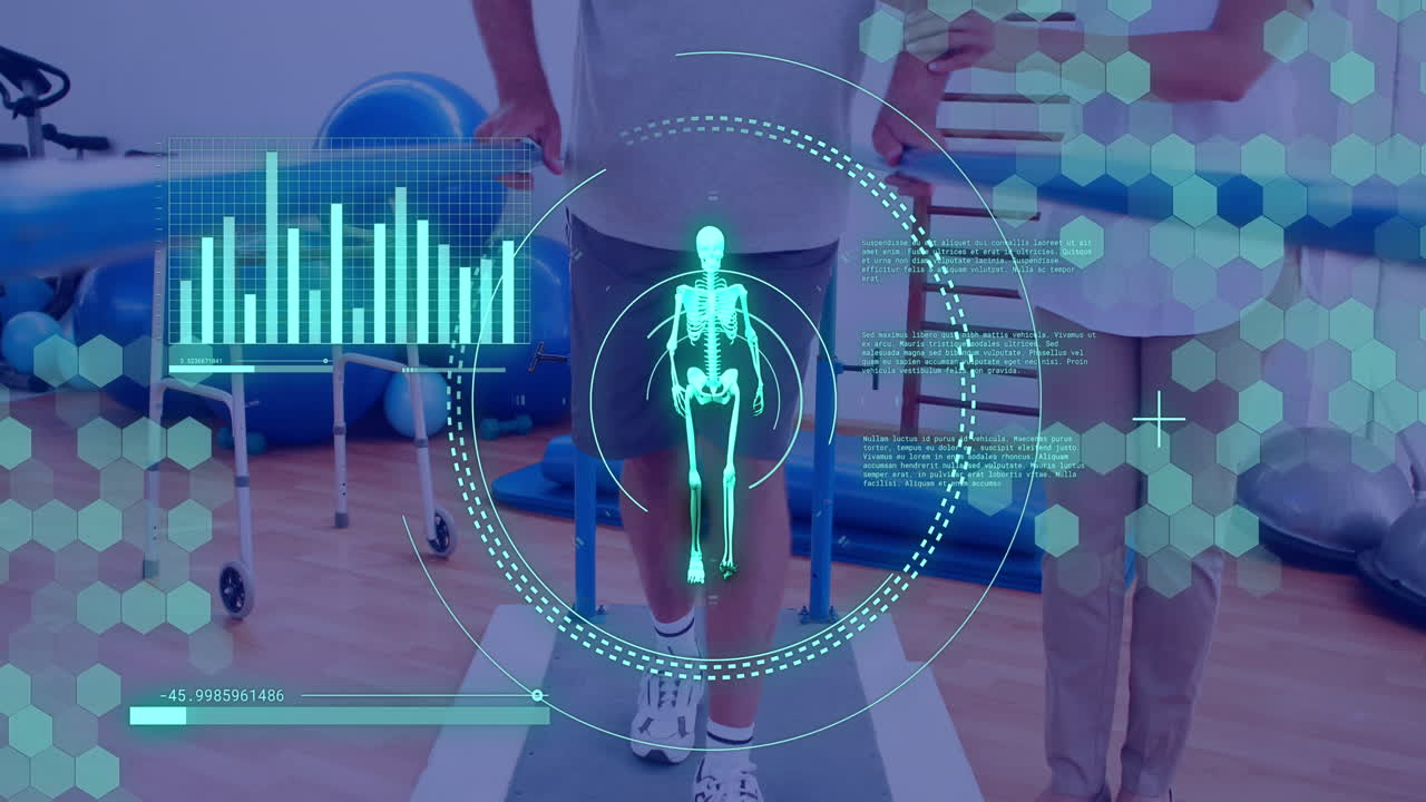 피지오테라피스트와 함께 백인 남성에 대한 스 스캔과 데이터 처리의 애니메이션