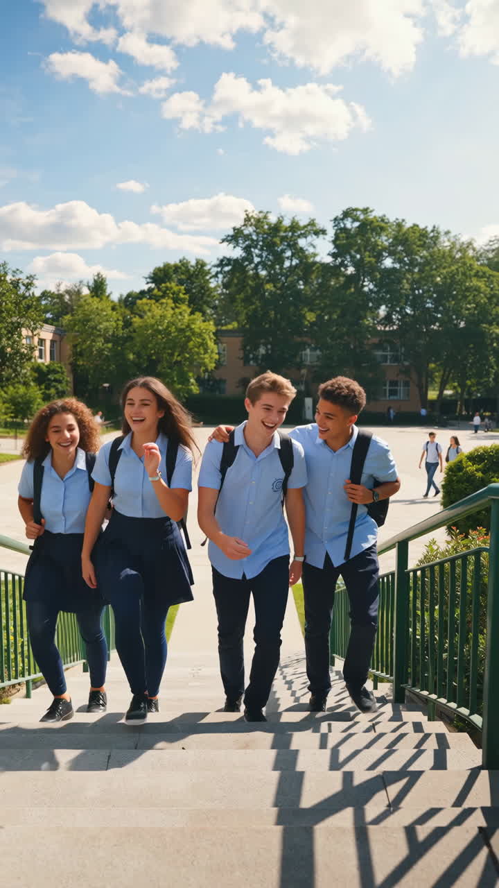 Group of happy students walking on campus stairs