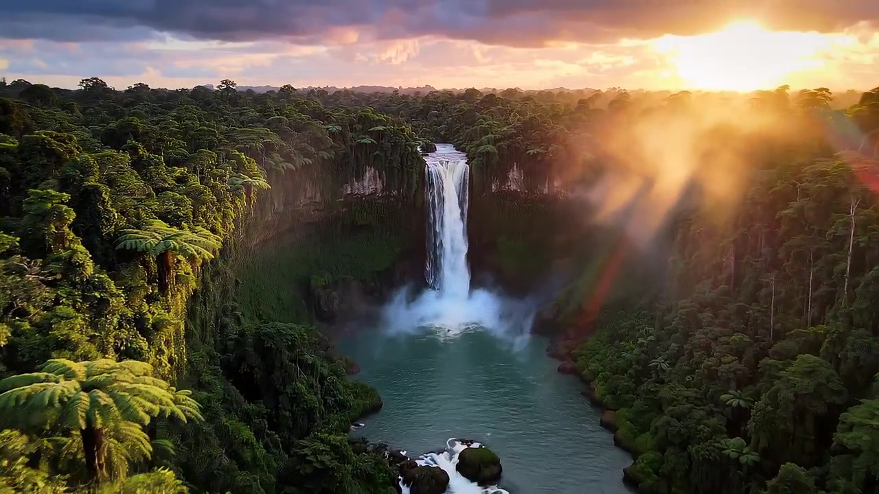 Cachoeira Majestosa em Floresta Tropical Exuberante ao Pôr do Sol.